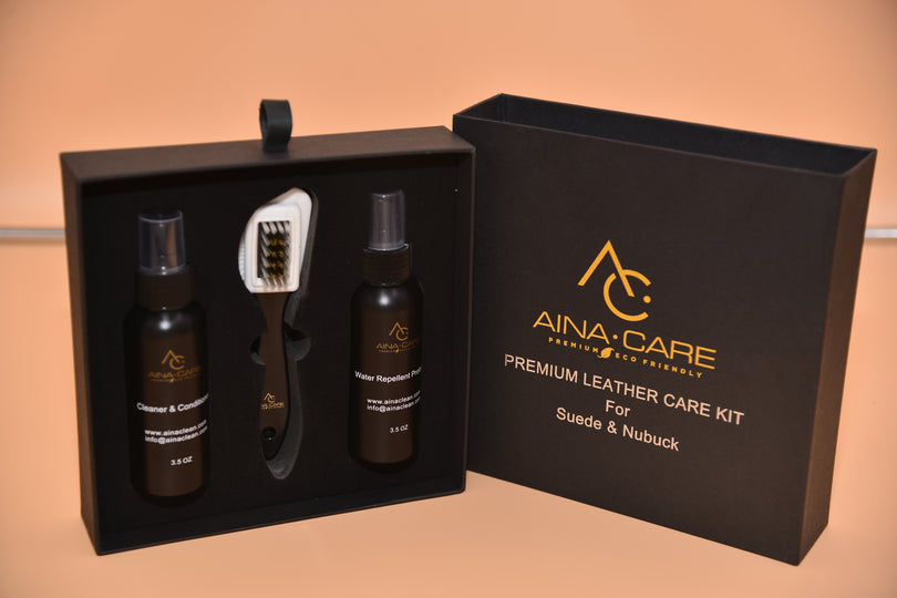 Opened packaging showing all items inside of the Suede & Nubuck Cleaner kit from AinaCare.